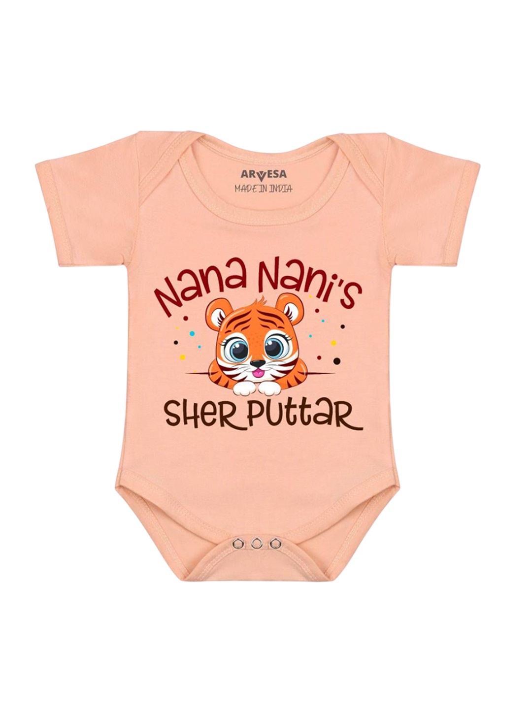 

Arvesa Kids Nana Nani Sher Puttar Printed Cotton Romper, Peach