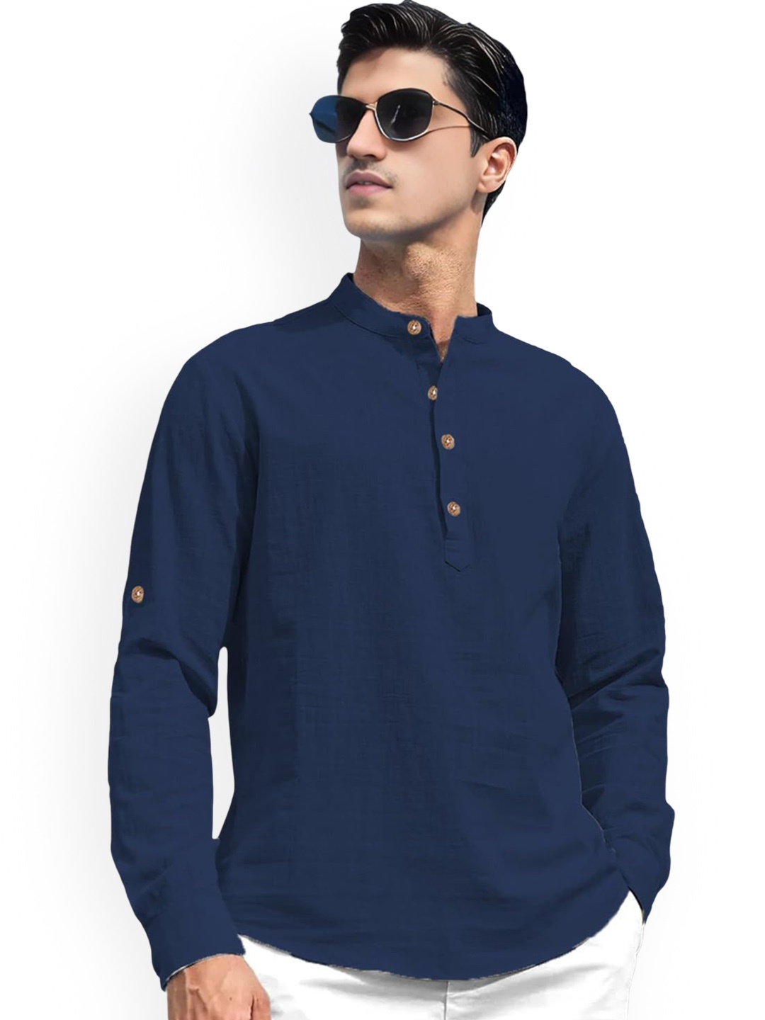 

TrendiVastra Mandarin Collar Cotton Short Kurta, Navy blue