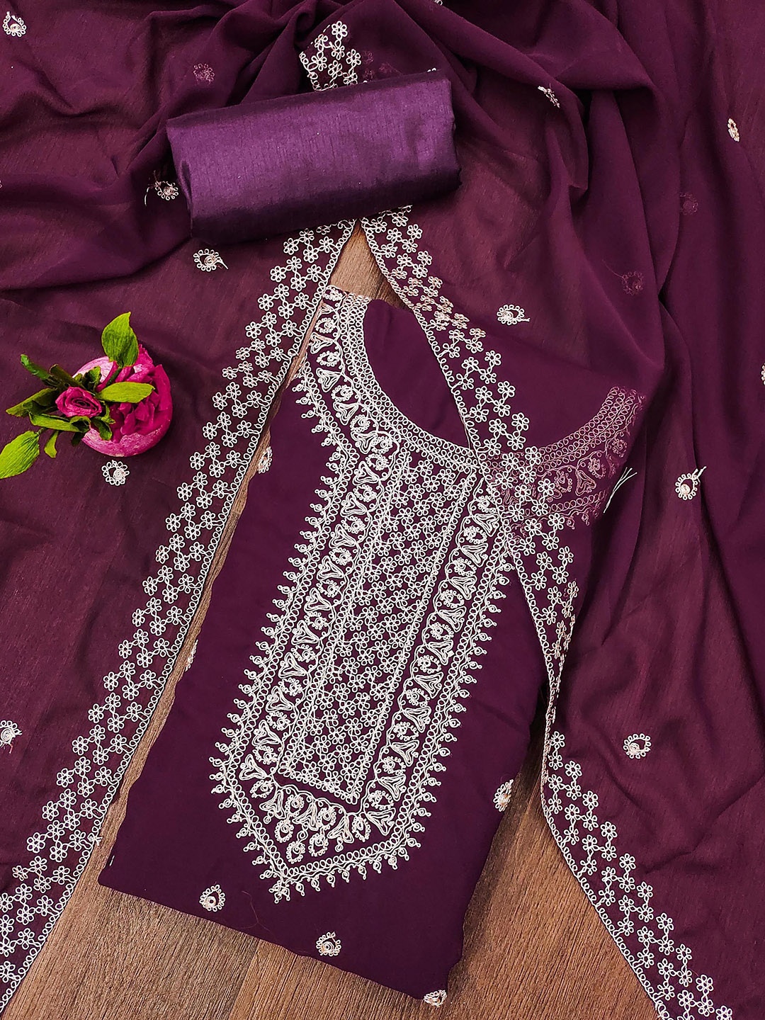 

SAINOOR Embroidered Zari Silk Georgette Unstitched Dress Material, Purple