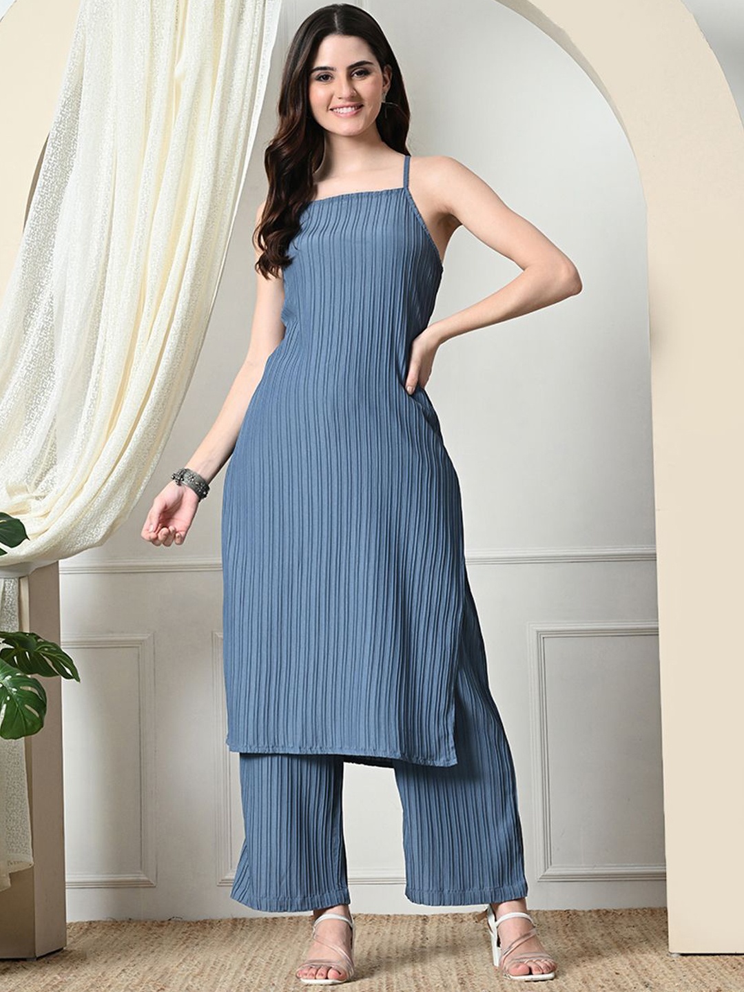 

KALINI Striped Shoulder Straps Straight Kurta with Palazzos, Grey
