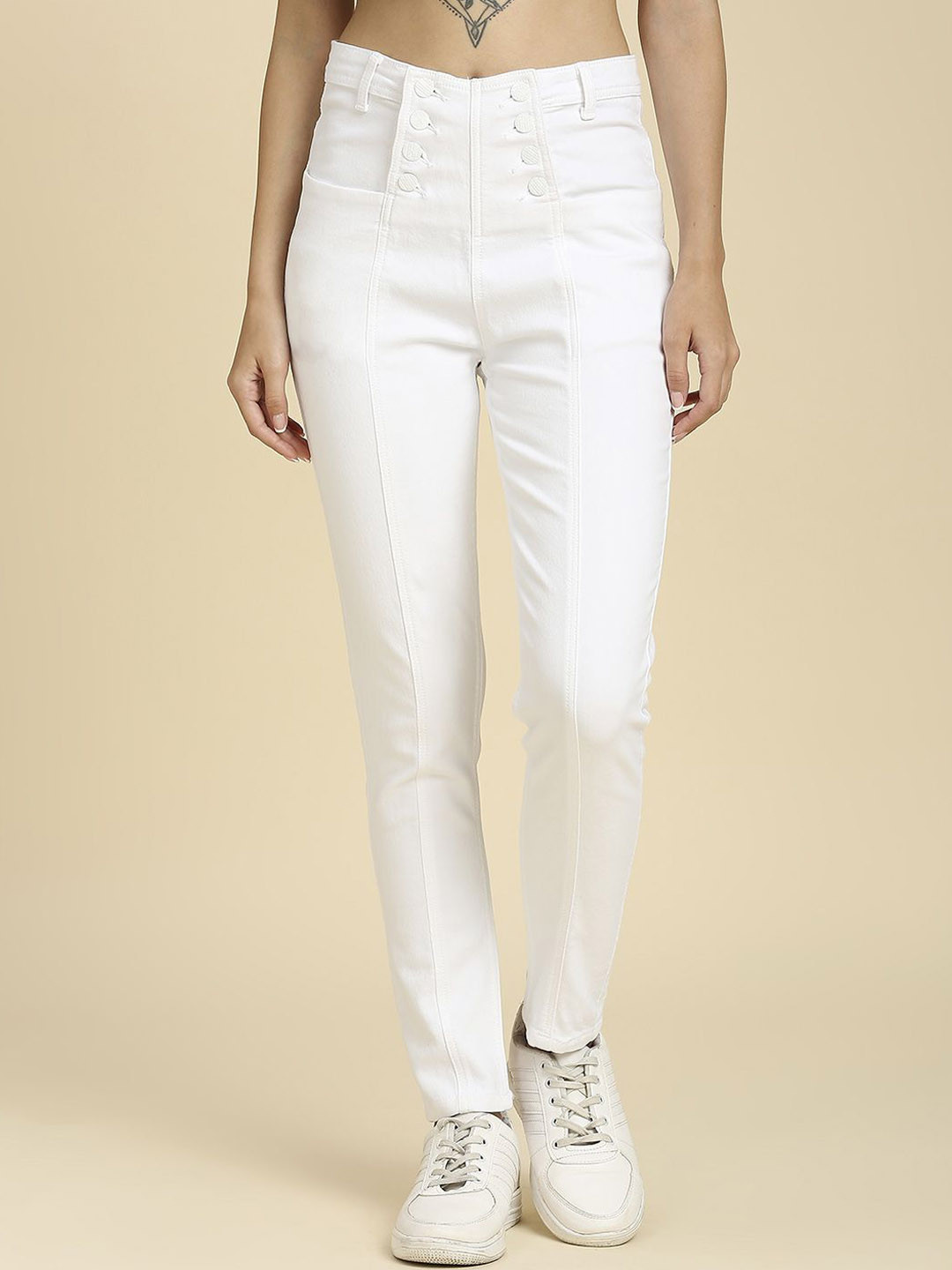 

Rea-Lize Women Slim Fit High-Rise Low Distress Stretchable Jeans, White