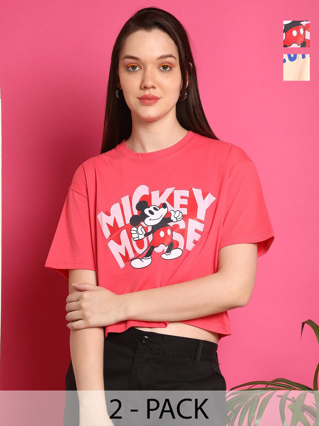 

Dreambe Women Pack of 2 Mickey Mouse Graphic Printed Round Neck Cotton Boxy T-shirts, Peach
