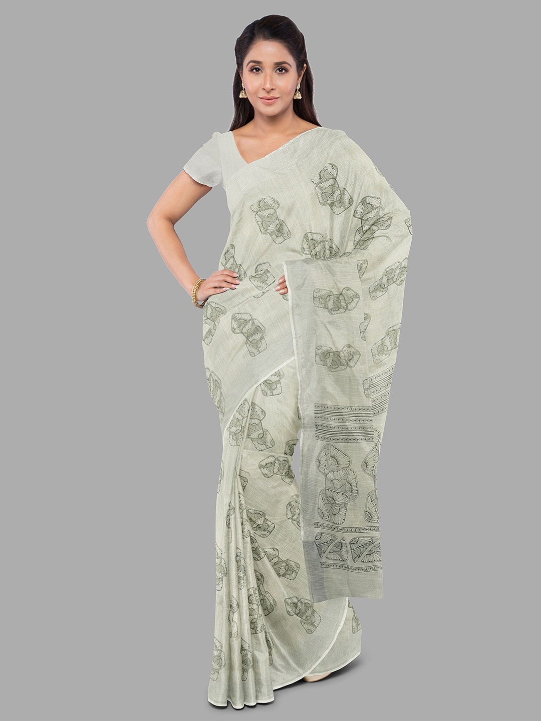 

The Chennai Silks Floral Linen Blend Fusion Bhagalpuri Saree, Green
