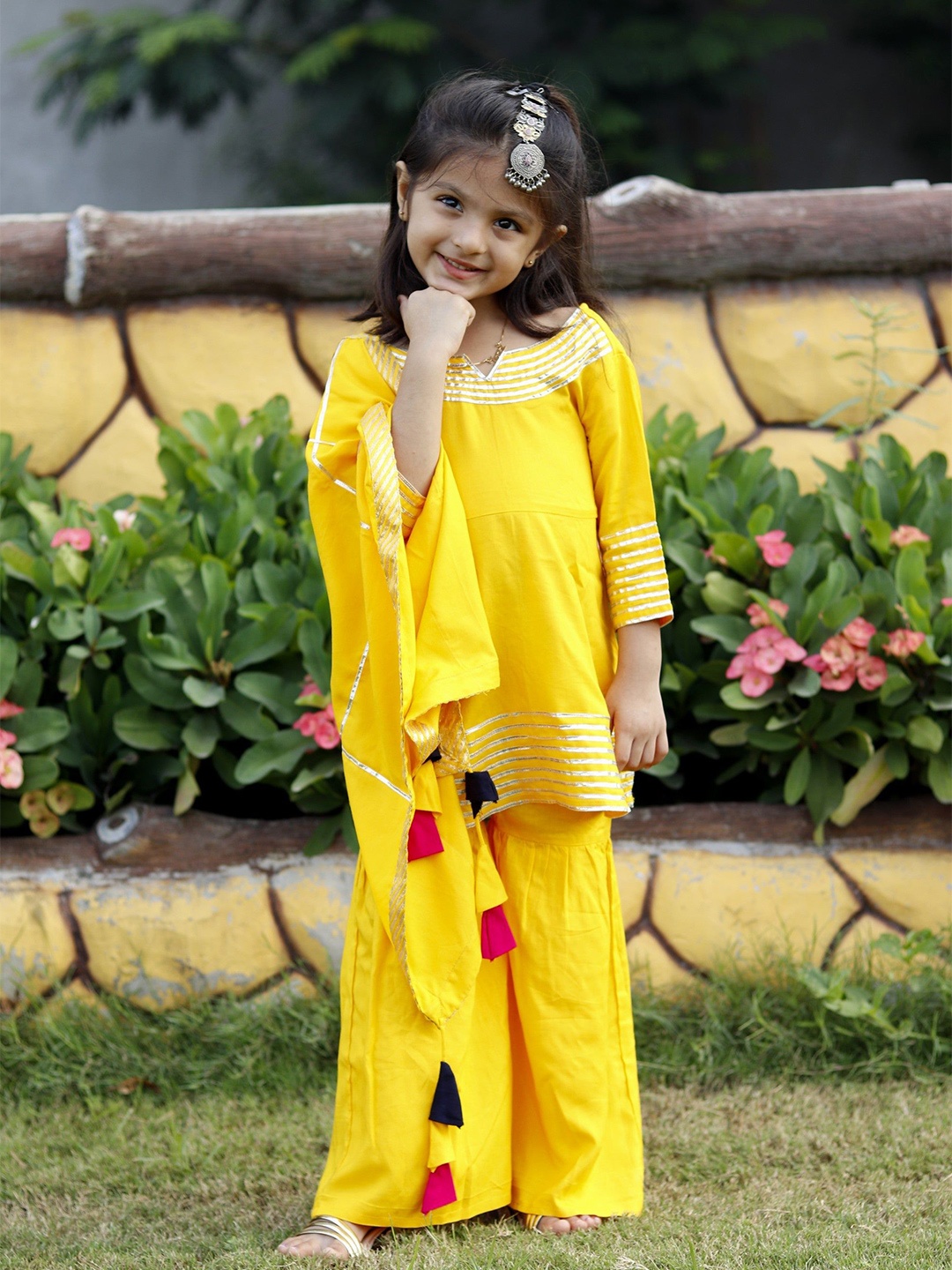 

Thread & Button Girls Regular Kurta with Trousers & With Dupatta, Yellow