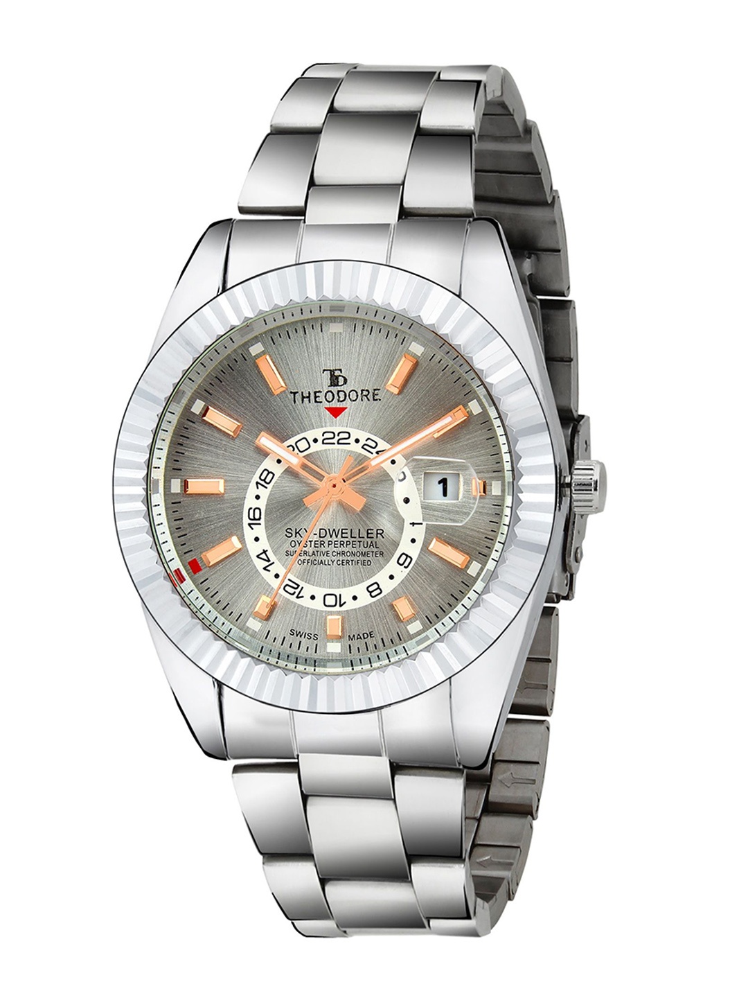 

THEODORE Men Patterned Dial & Bracelet Style Straps Analogue Watch TD16230, Silver
