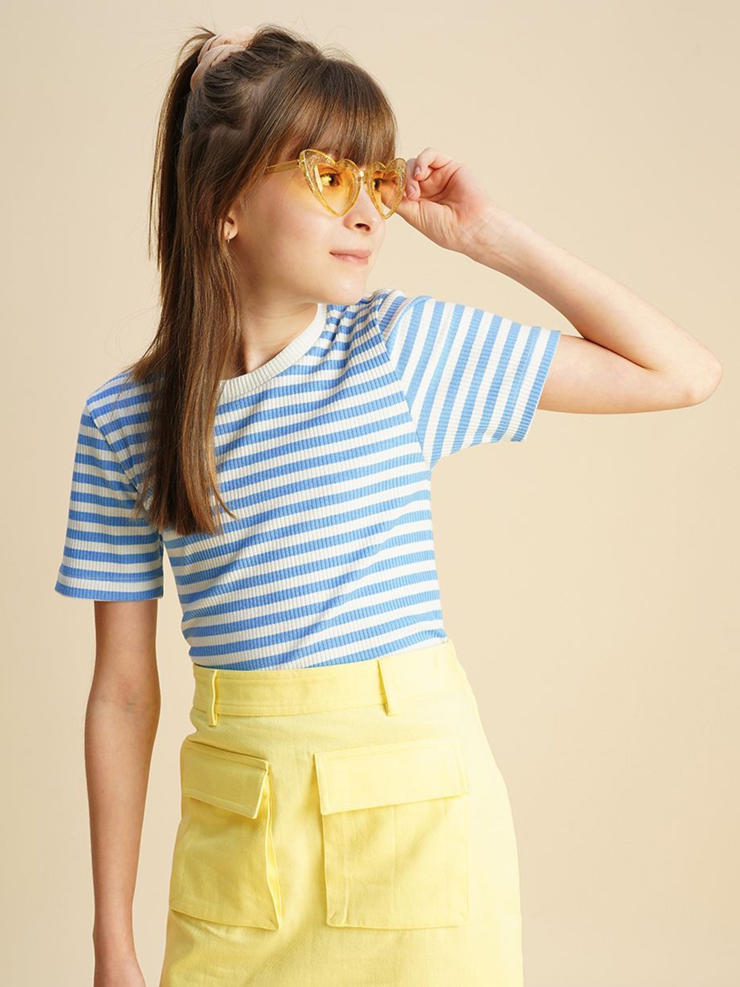 

Vero Moda Girls Striped Drop-Shoulder Sleeves Pockets T-shirt, Blue