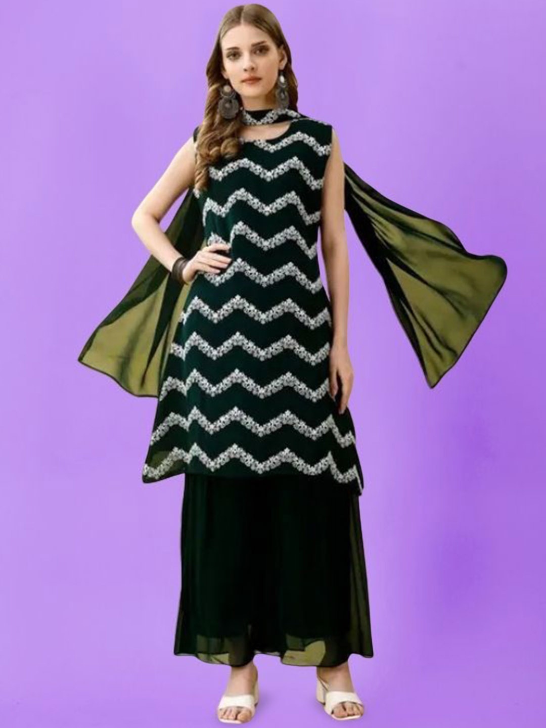 

PARROT CREATION Embroidered Sequinned Round Neck Kurti with Sharara & Dupatta, Green