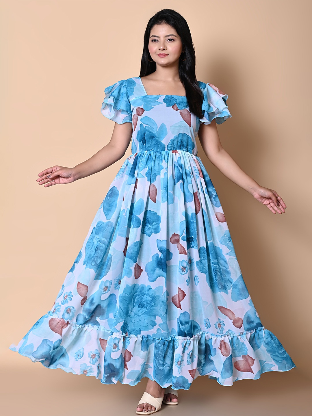 

BAESD Floral Print Flared Sleeve Georgette Maxi Dress, Blue