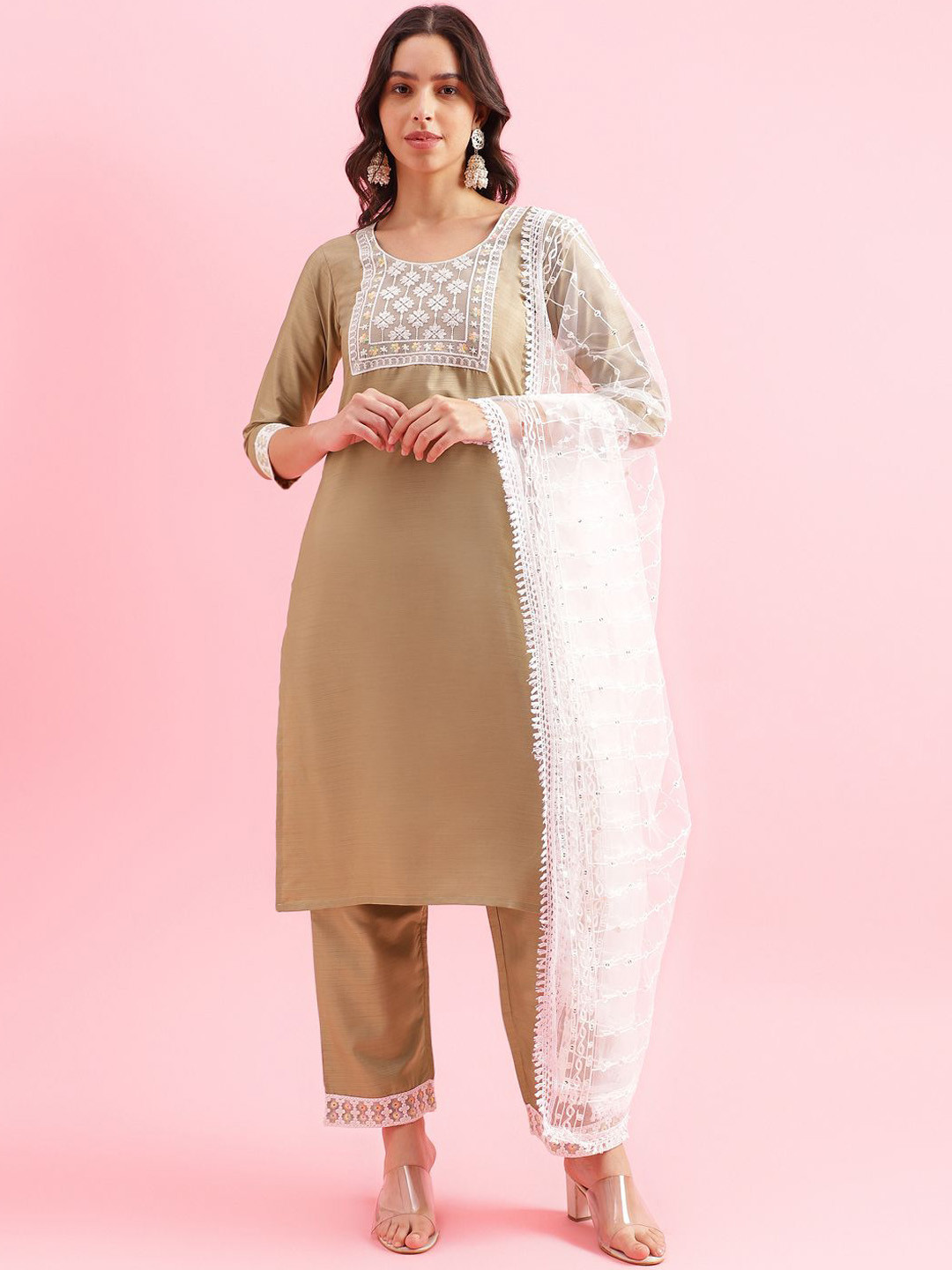 

HRITIKA Floral Yoke Design Round Neck Thread Work Straight Kurta With Trouser & Dupatta, Gold