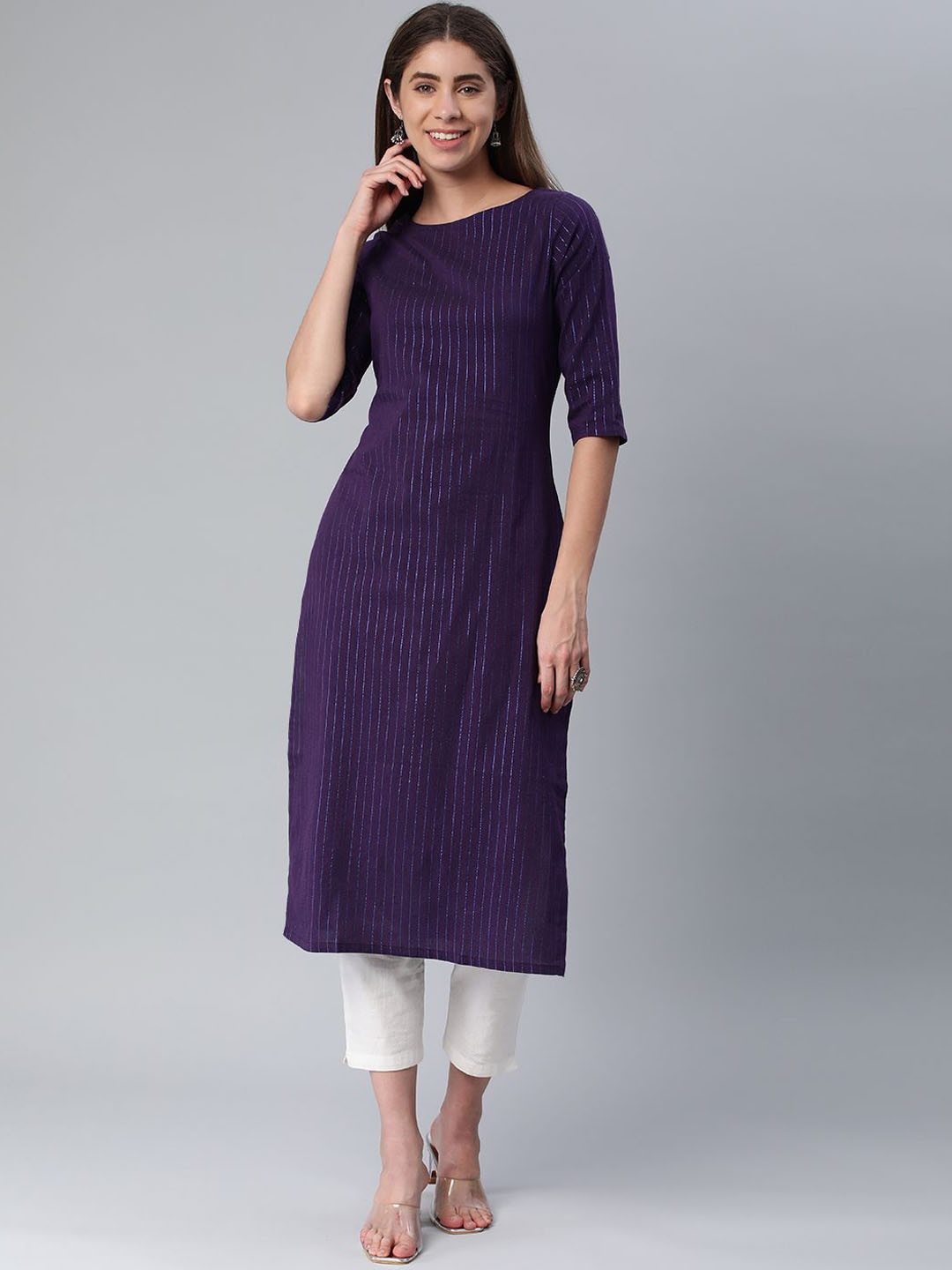 

DIVASTRI Striped Round Neck Straight Kurta, Violet