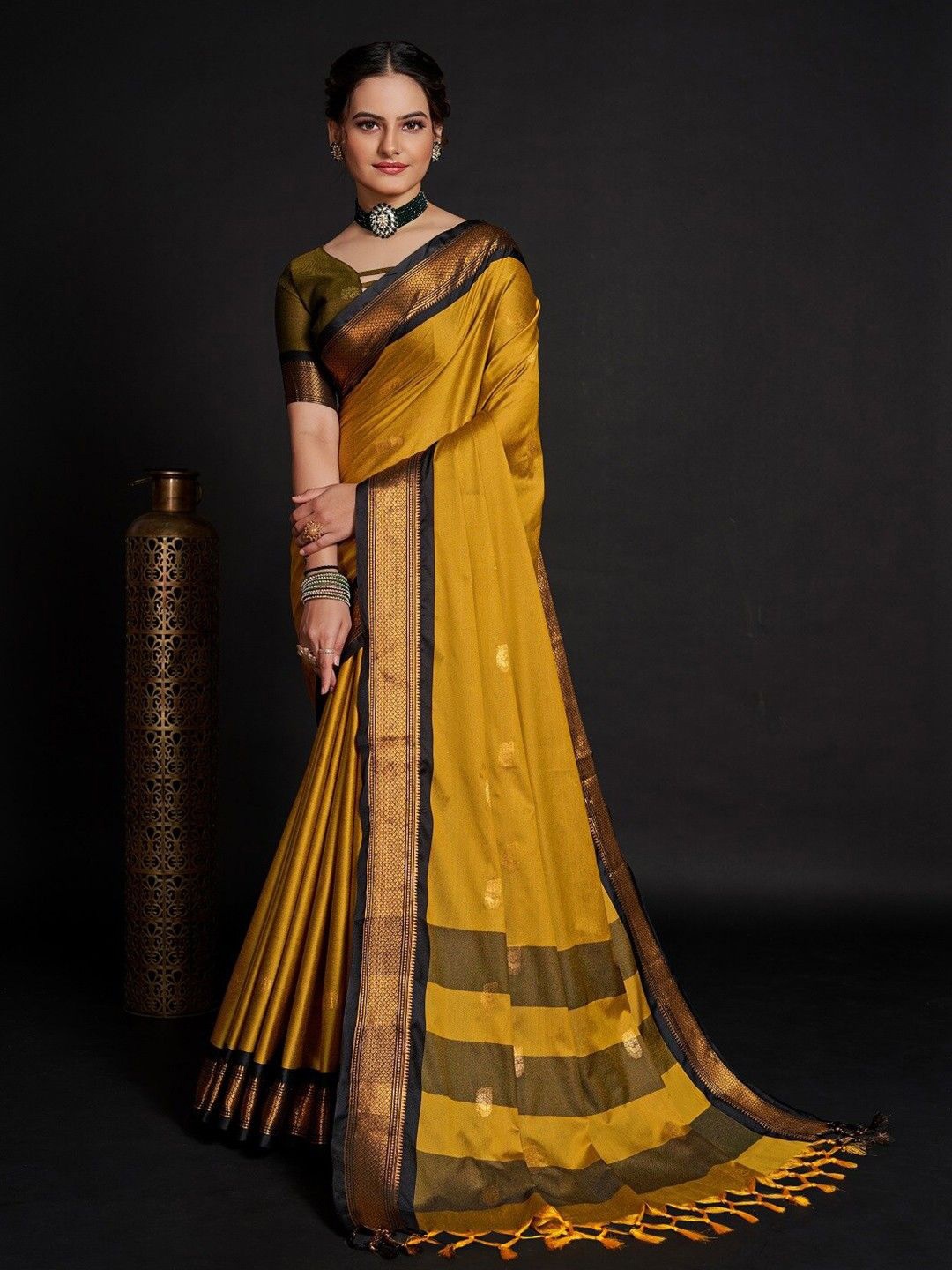 

SILKWEAR Ethnic Motifs Zari Silk Cotton Ikat Saree, Mustard