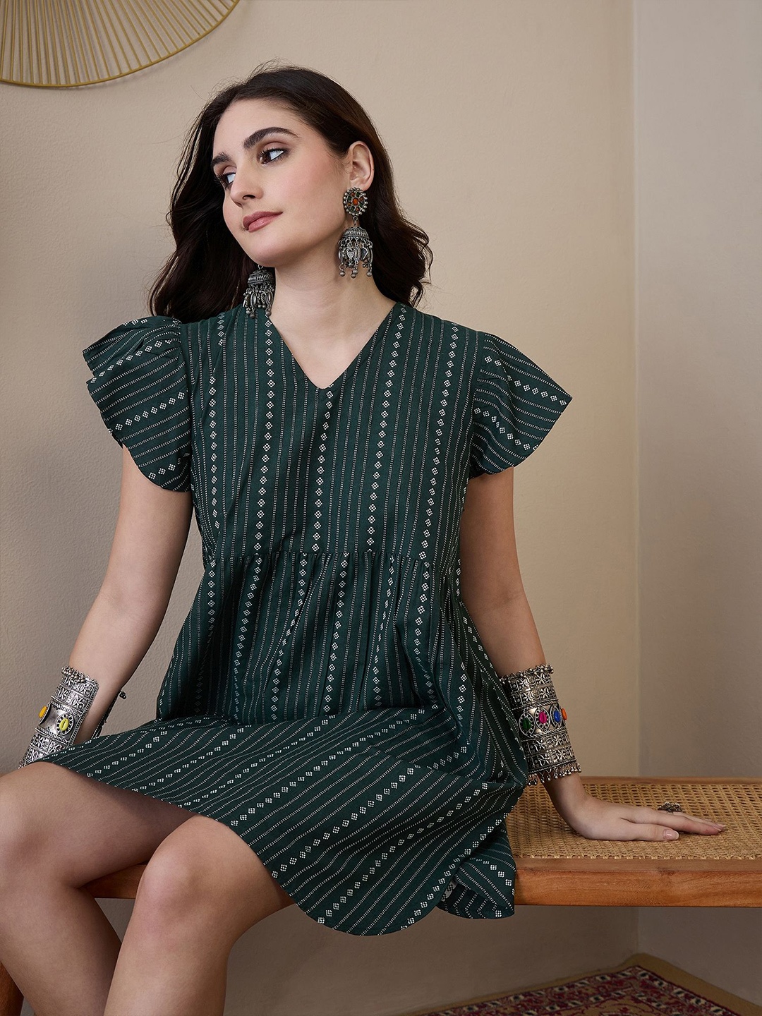 

InWeave Print Flared Sleeve A-Line Dress, Green