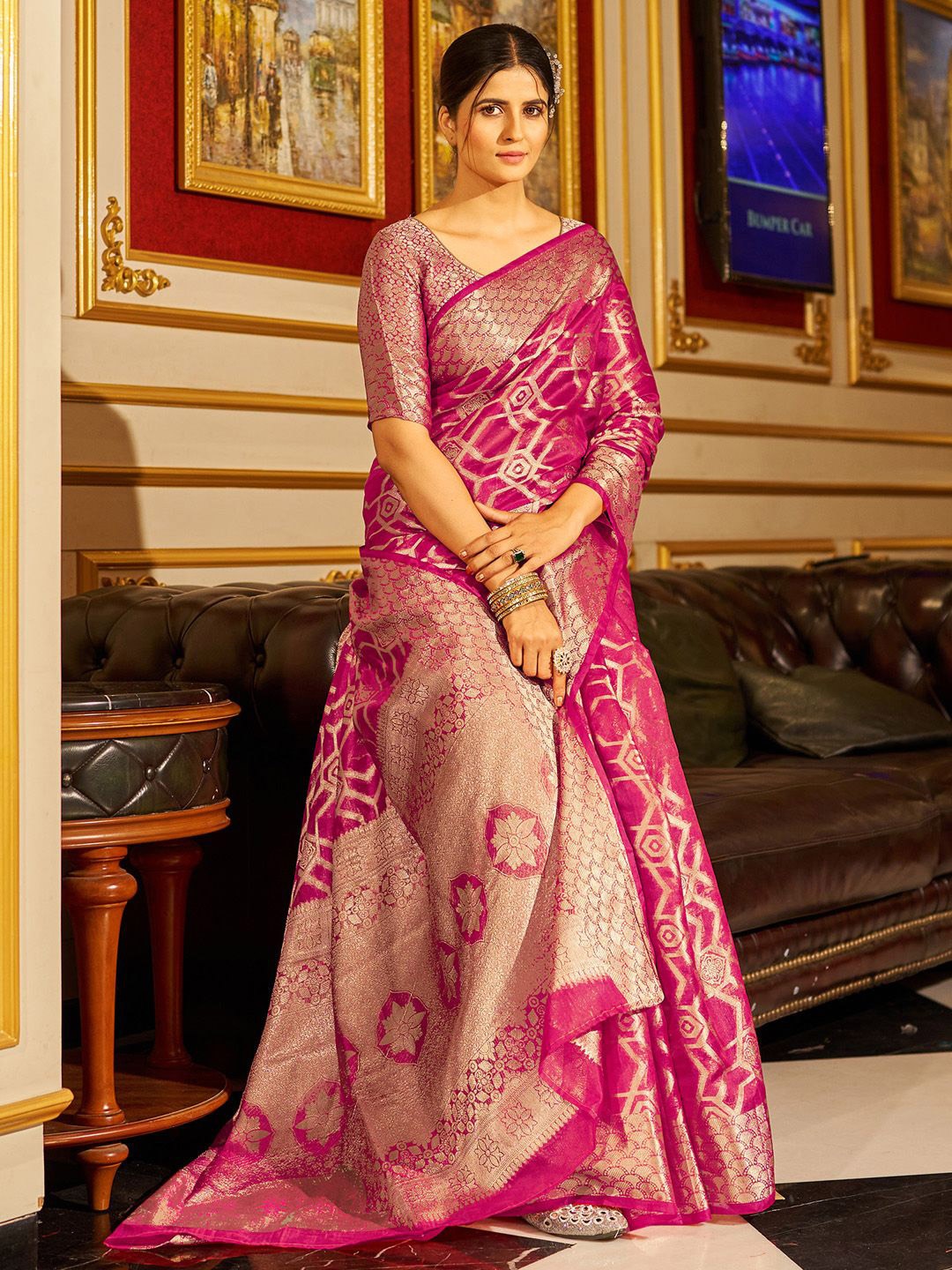 

Mitera Ethnic Motifs Zari Organza Banarasi Saree, Pink