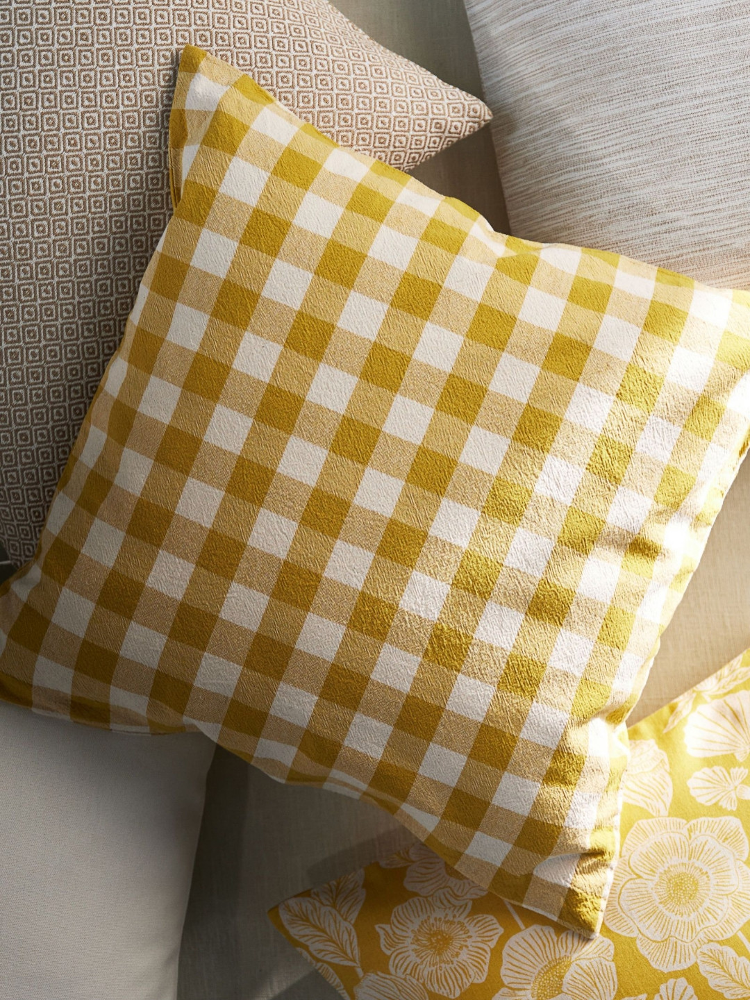 

H&M White And Yellow Gingham-Checked Cotton Cushion Cover