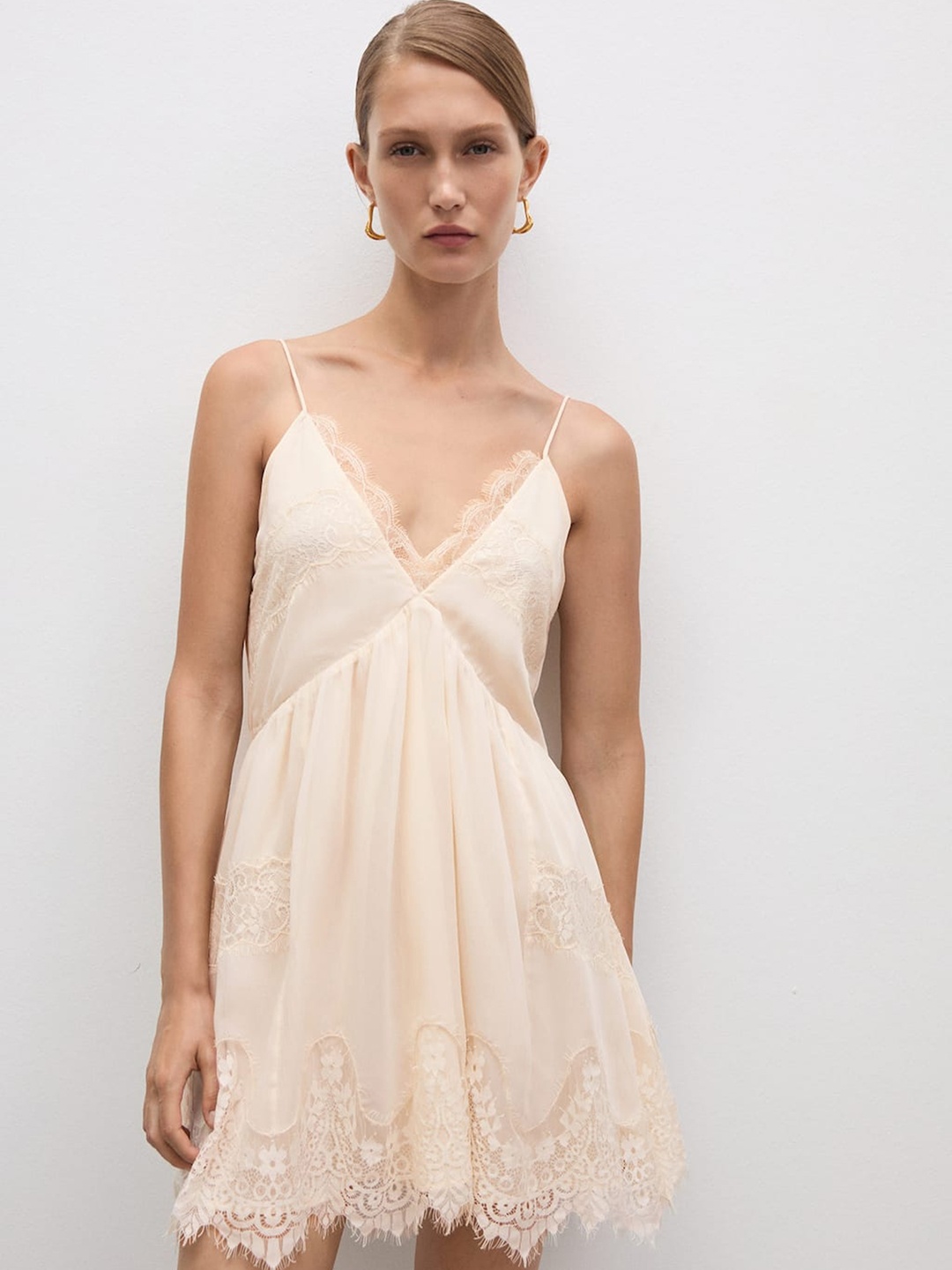 

MANGO Lace Fit & Flare Dress, Peach