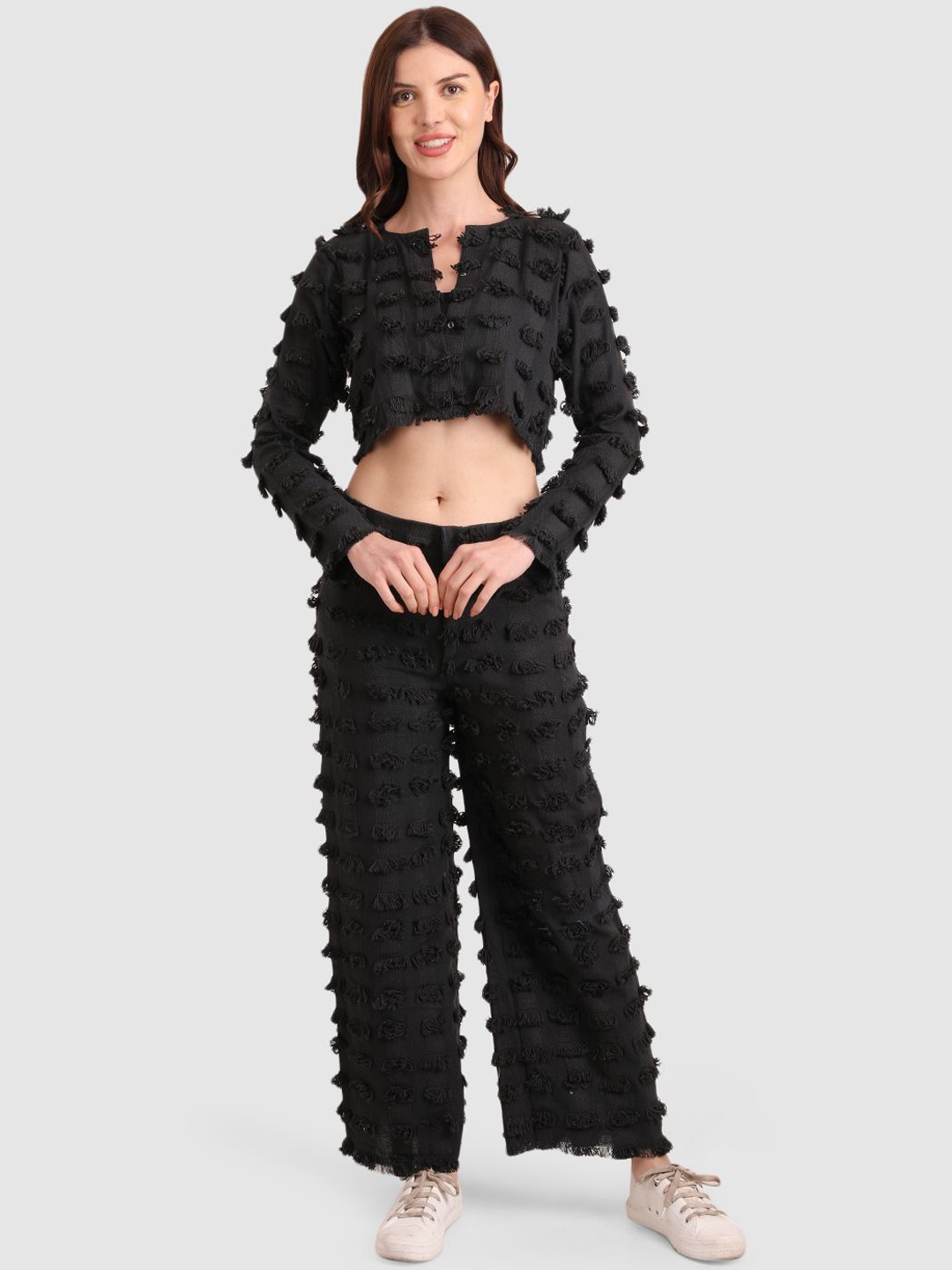 

fabbit Women Self Design Notch Neck Top & Trousers, Black