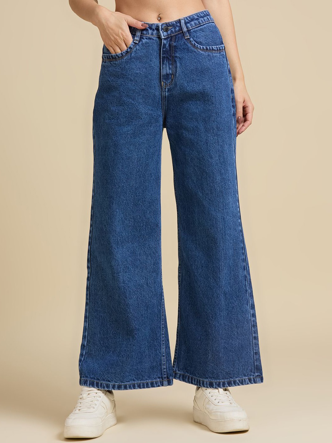 

Rea-Lize Women Wide Leg High-Rise Light Fade Cotton Jeans, Blue