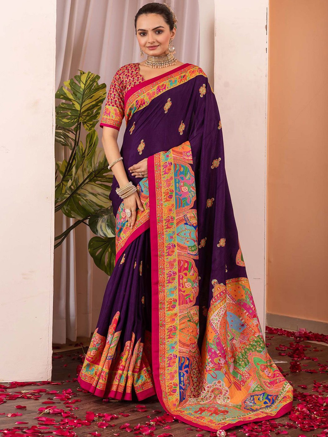 

Anouk Ethnic Motifs Silk Blend Saree, Purple