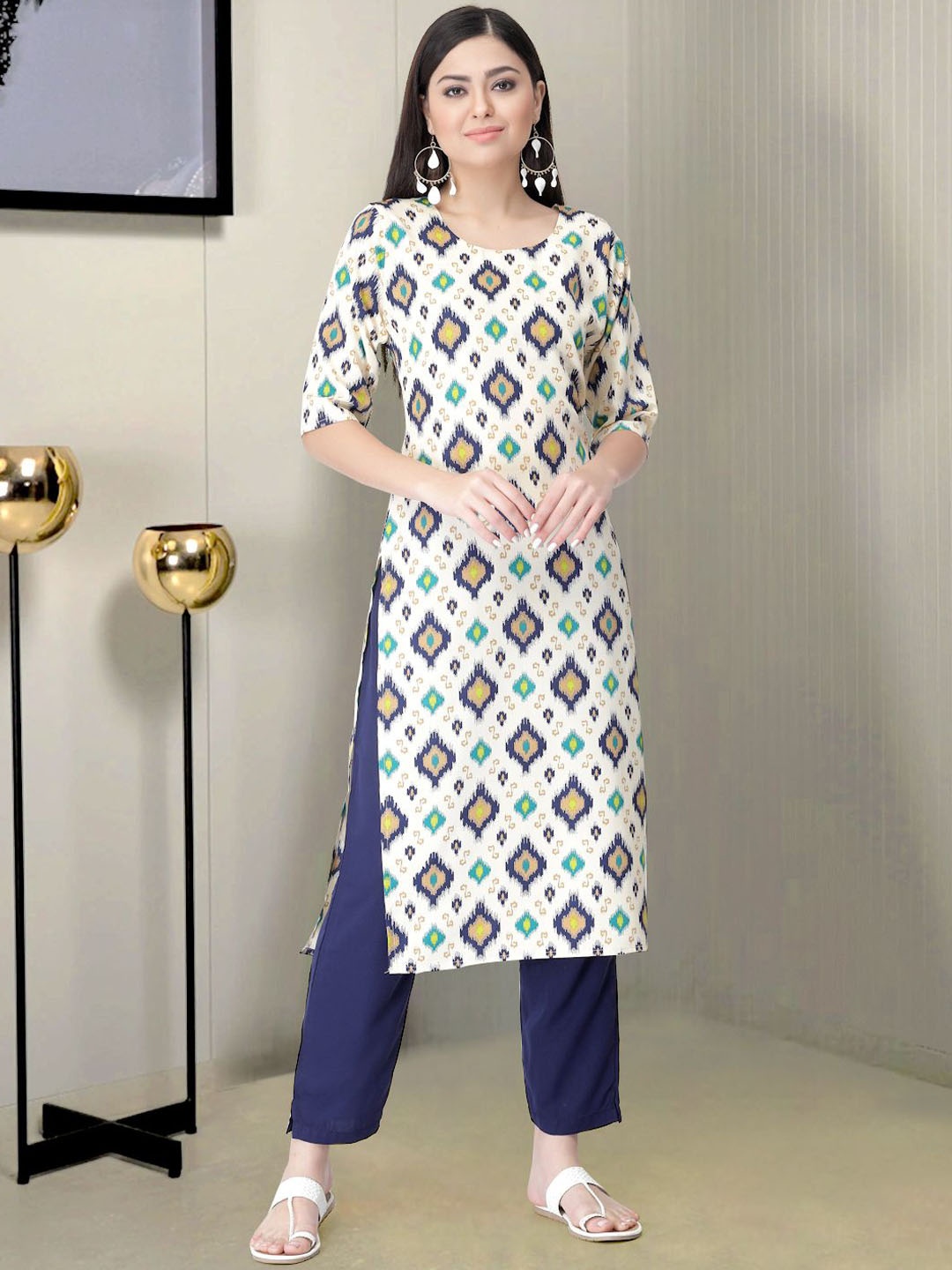 

Moda Rapido Geometric Printed Round Neck Straight Kurta With Trouser, White