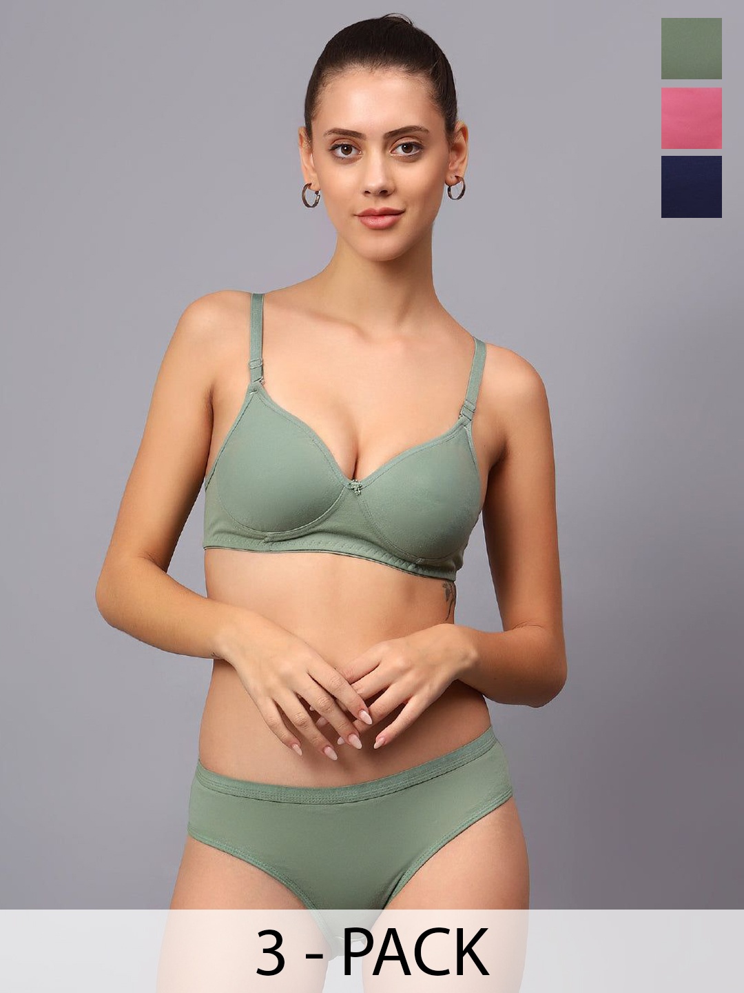 

Designer Bugs Pack Of 3 Cotton Non Padded Non Wired Lingerie Set NPLS-O-NB-BP-30B, Olive