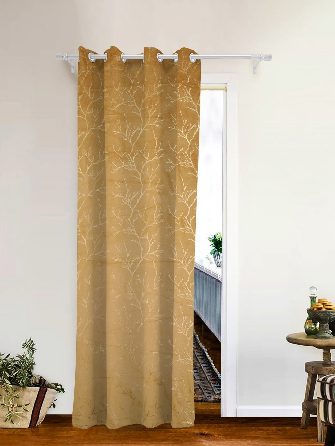 

THE CONVERSION Beige Abstract Printed Premium Velvet Room Darkening Door Curtain