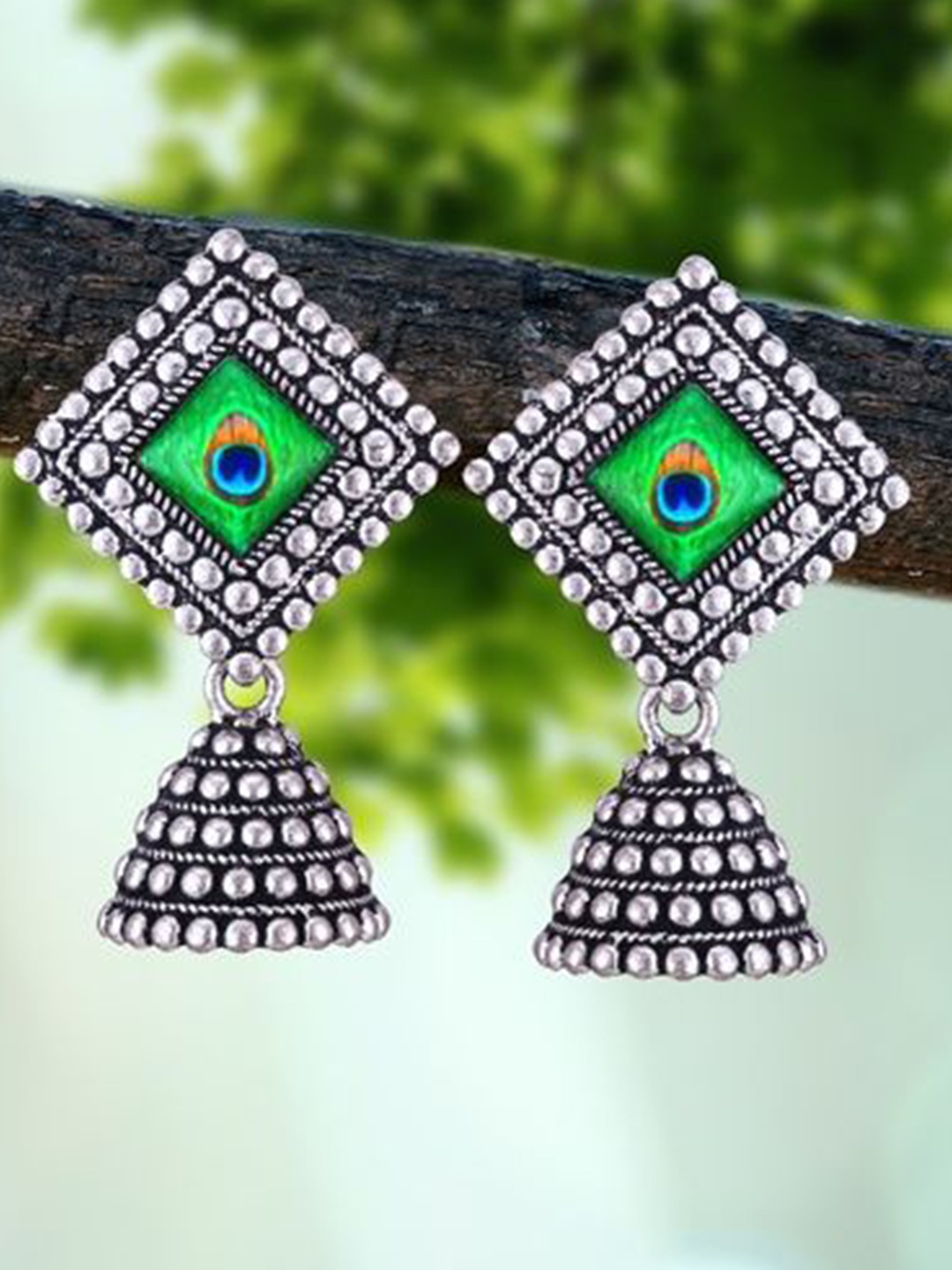 

DIVASTRI Peacock Shaped Jhumkas Earrings, Silver