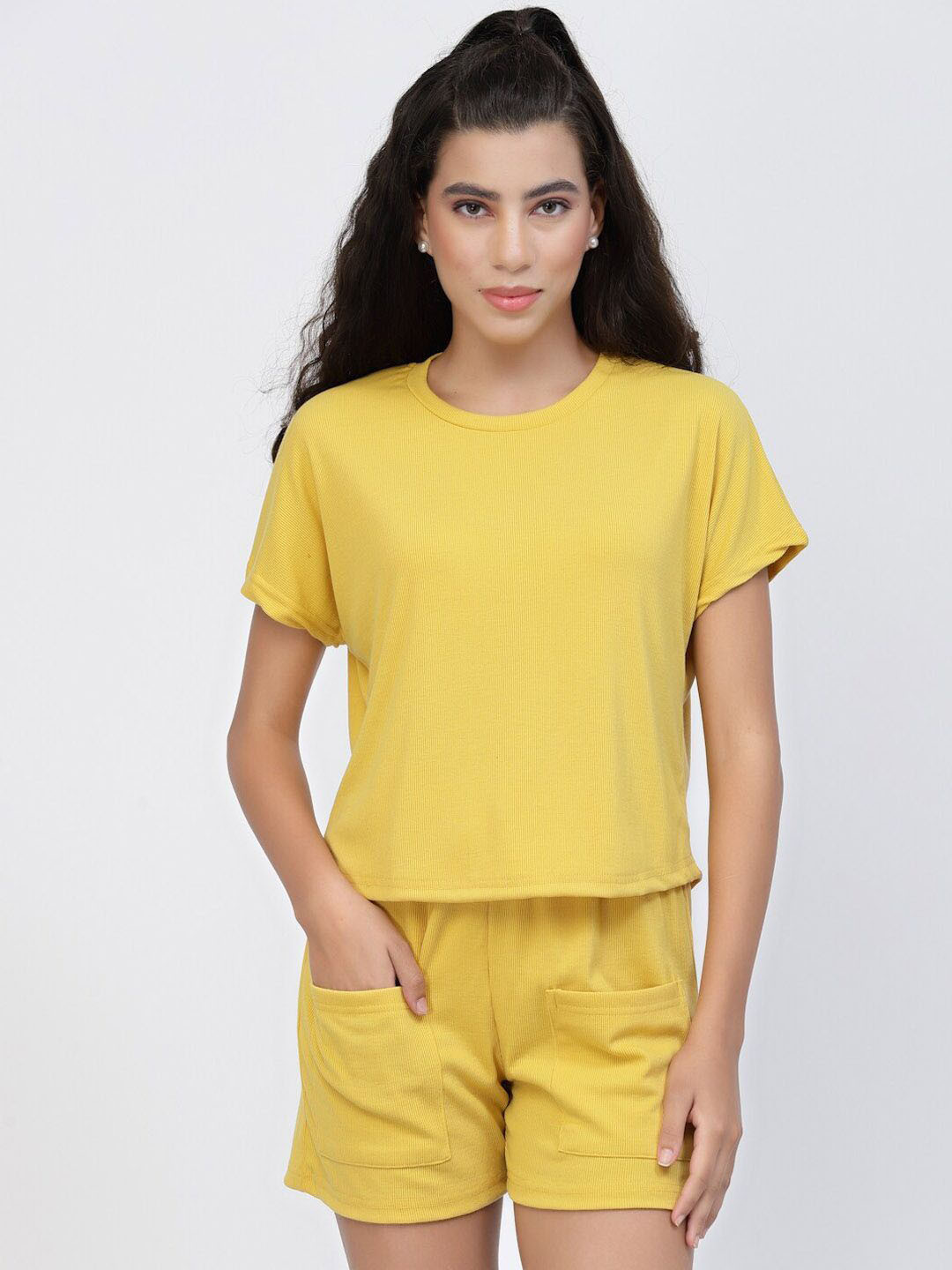 

DressBerry Round Neck Short Sleeves T-Shirt With Shorts, Yellow
