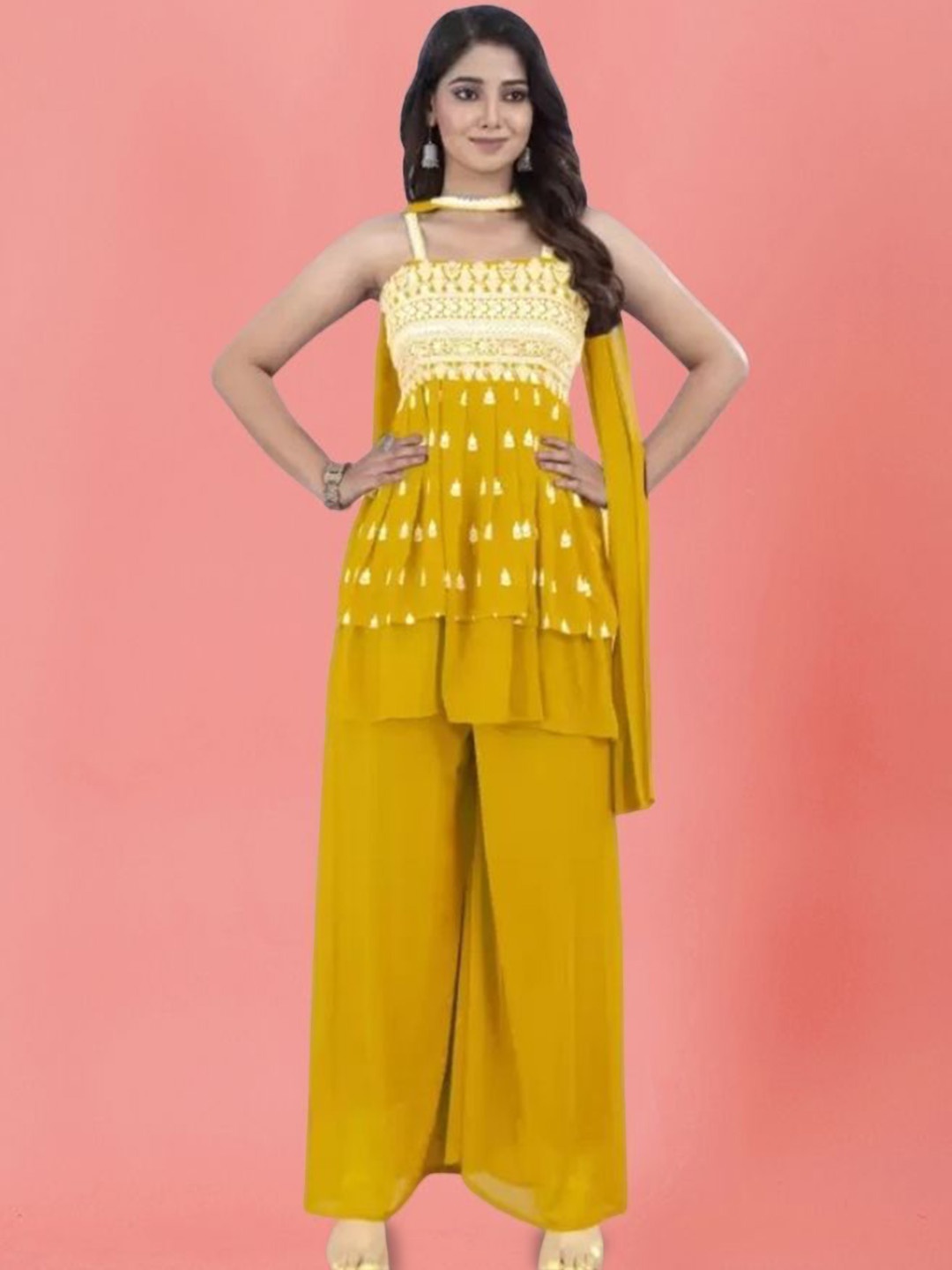 

PARROT CREATION Floral Embroidered Georgette A-Line Kurti With Palazzos And Dupatta, Yellow