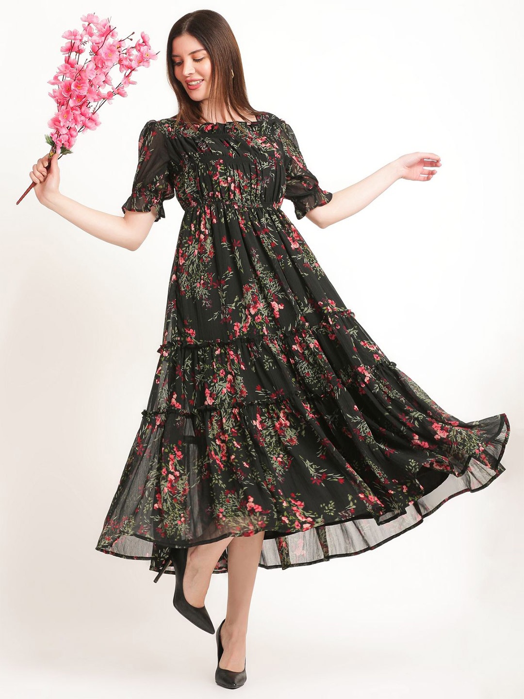 

NOUN Floral Print Puff Sleeve Georgette Fit & Flare Maxi Dress, Black
