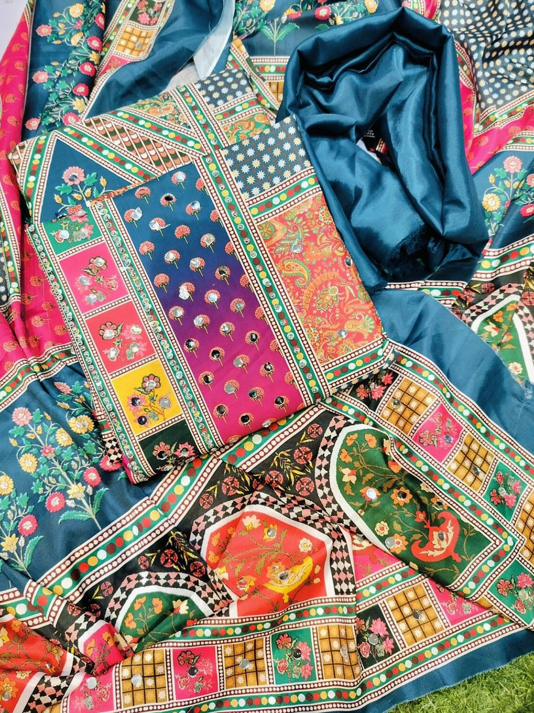 

REET MAHAL Embroidered Art Silk Unstitched Dress Material, Blue