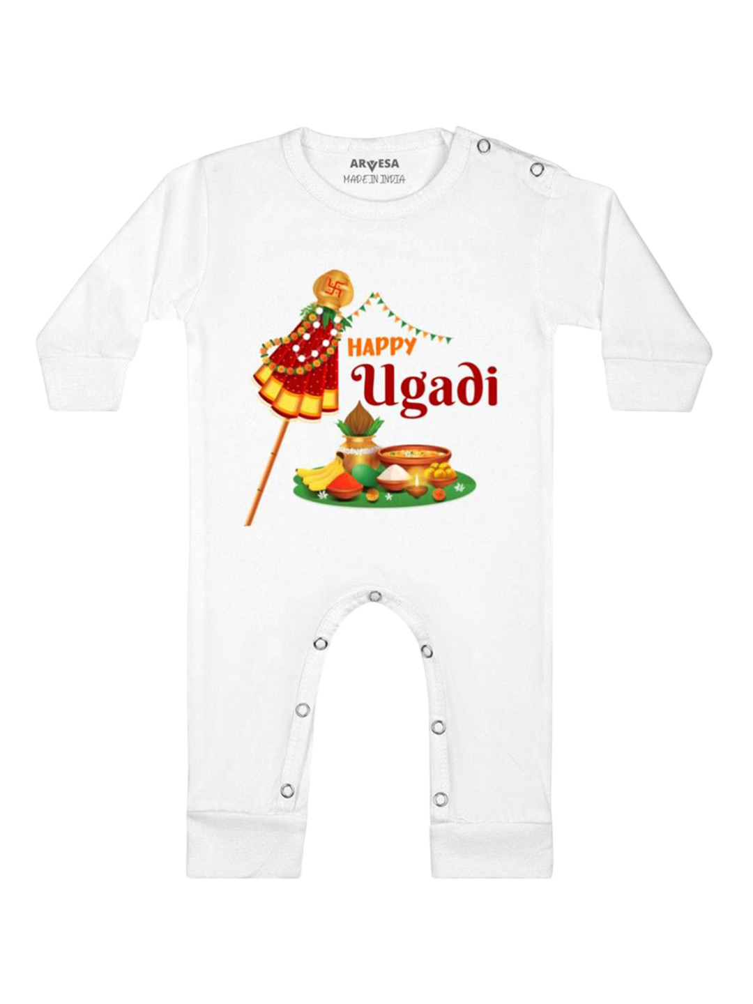 

Arvesa Happy Ugadi Printed Baby Romper, White