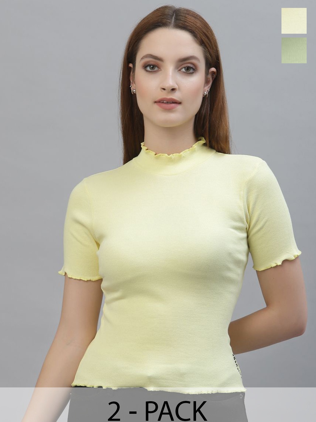 

Friskers Women Pack Of 2 Cotton High Neck Fitted Top, Yellow