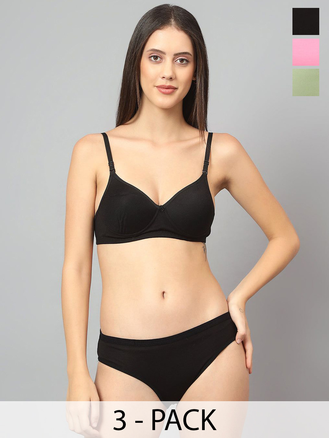 

Designer Bugs Pack Of 3 Cotton Non Padded Non Wired Lingerie Set NPLS-B-BP-LG-30B, Black