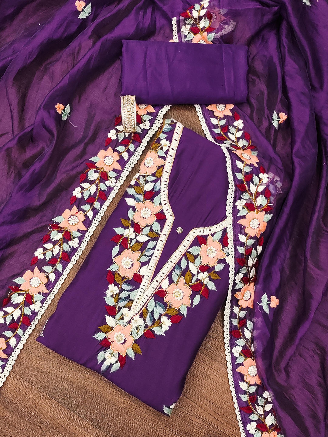

SAINOOR Embroidered Pure Silk Semi-Stitched Dress Material, Purple