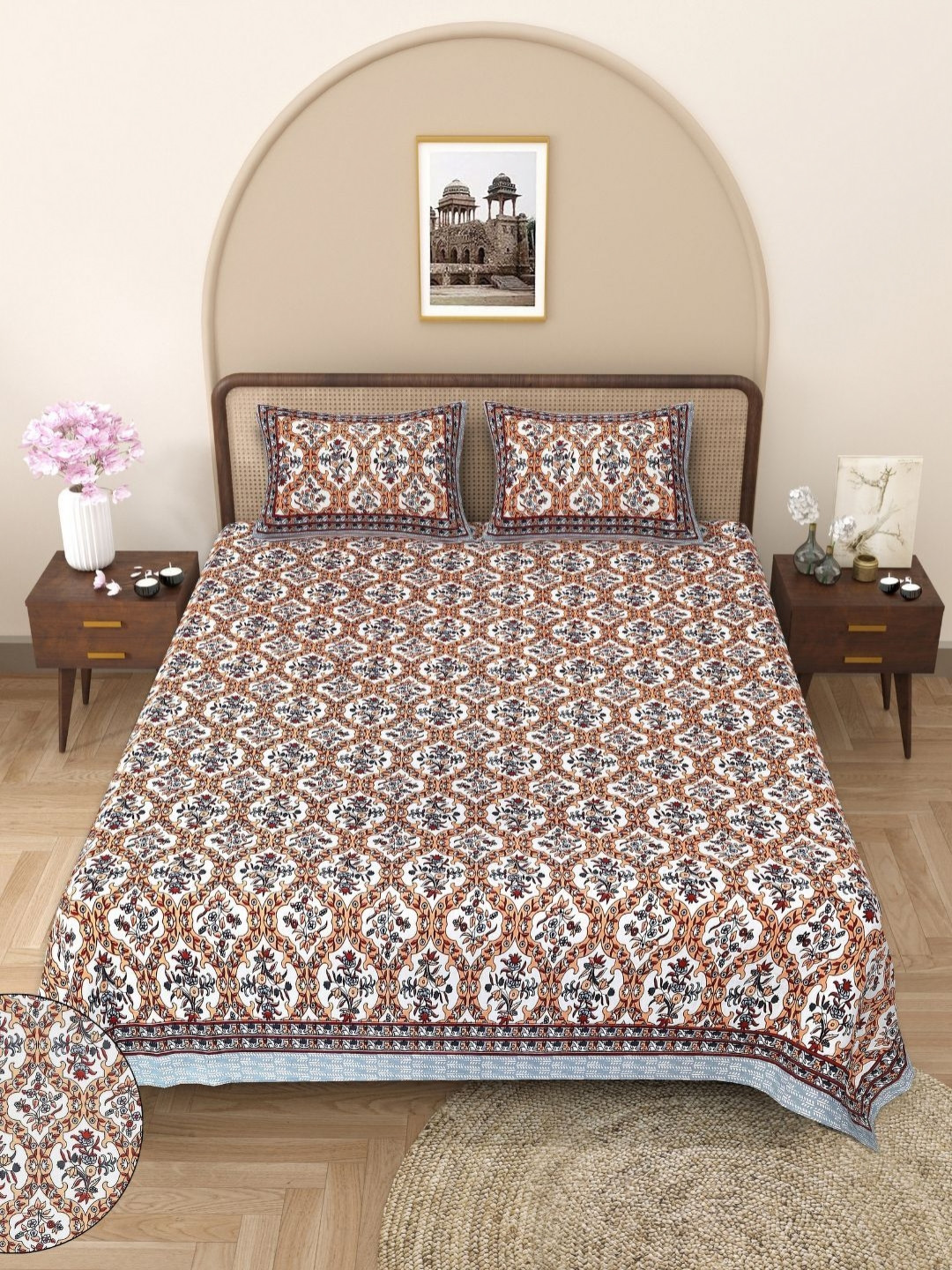 

Butea Crape Brown & White Floral Printed Cotton 144 TC King Bedsheet Set 2.40m x 2.15m