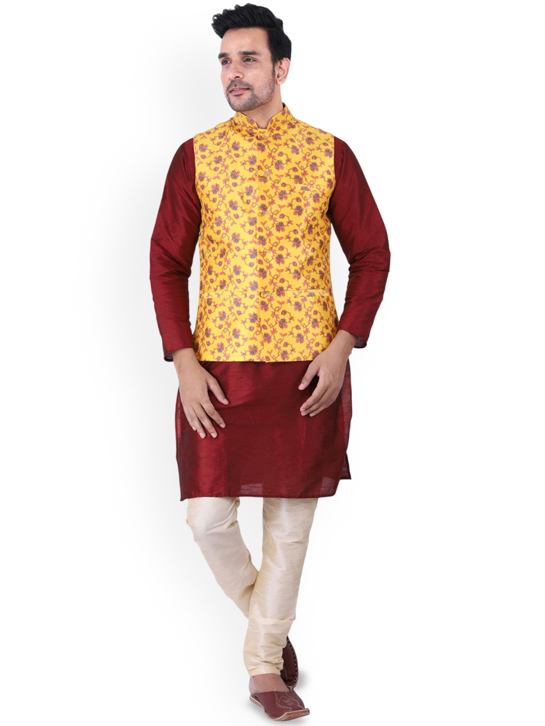 

Sadree Mandarin Collar Dupion Silk Kurta And Churidar With Nehru Jacket Set, Maroon