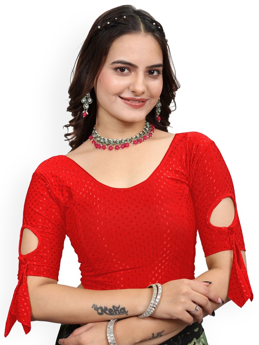 

SS Sanket Synthetics Self Design Stretchable Saree Blouse, Red