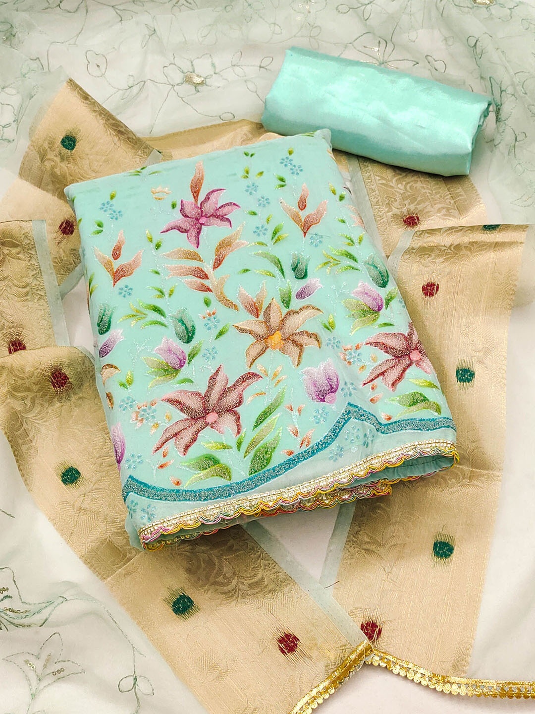 

SAINOOR Embroidered Organza Semi-Stitched Dress Material, Sea green