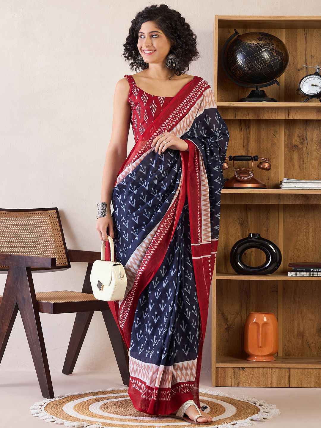 

Mitera Ethnic Motifs Ready to Wear Ikat Saree, Navy blue