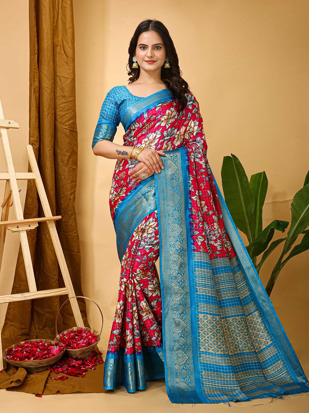 

V3 FASHION STUDIO Ethnic Motifs Zari Art Silk Saree, Pink