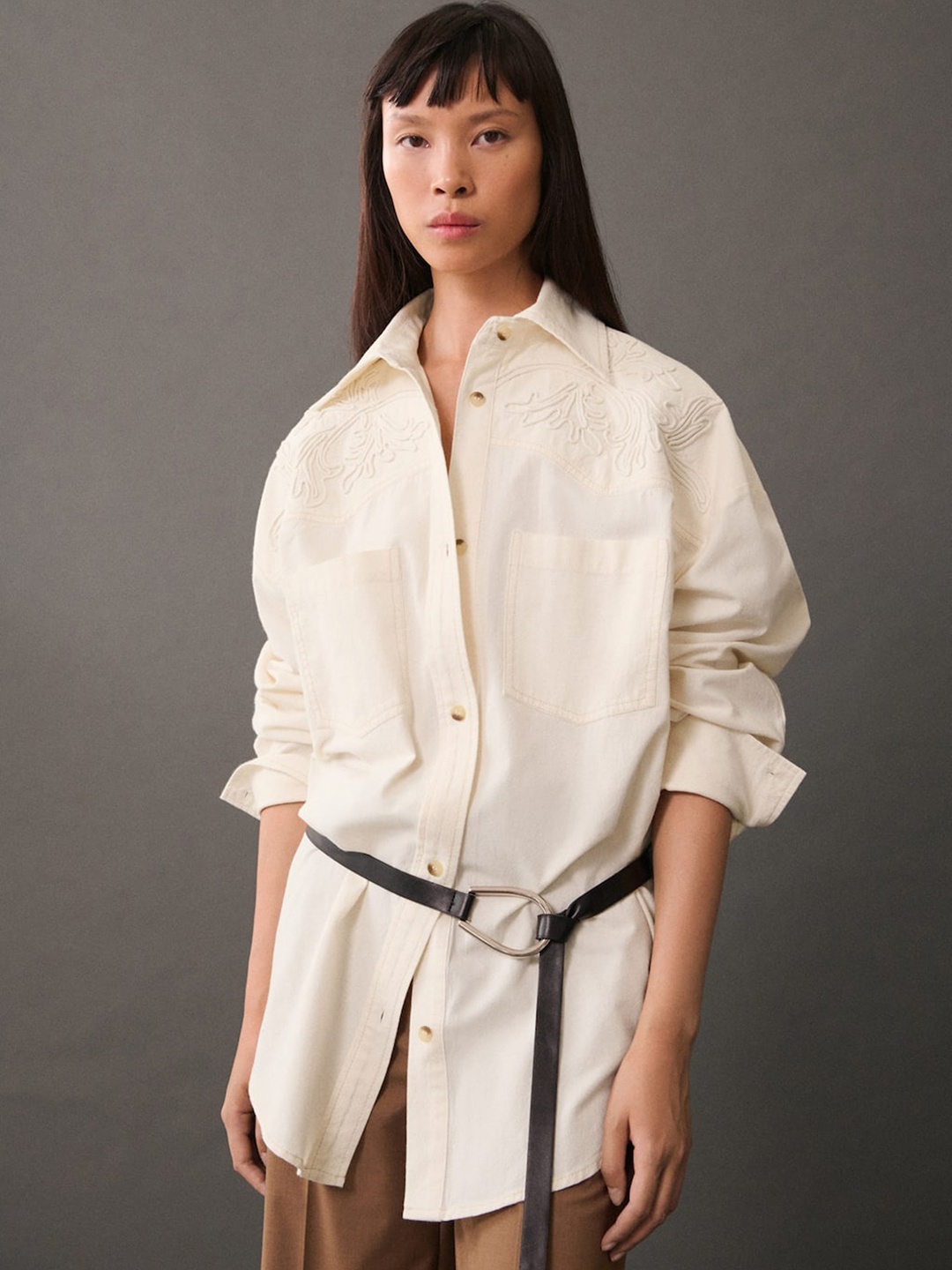 

MANGO Embroidered Pure Cotton Oversized Longline Shirt, Off white