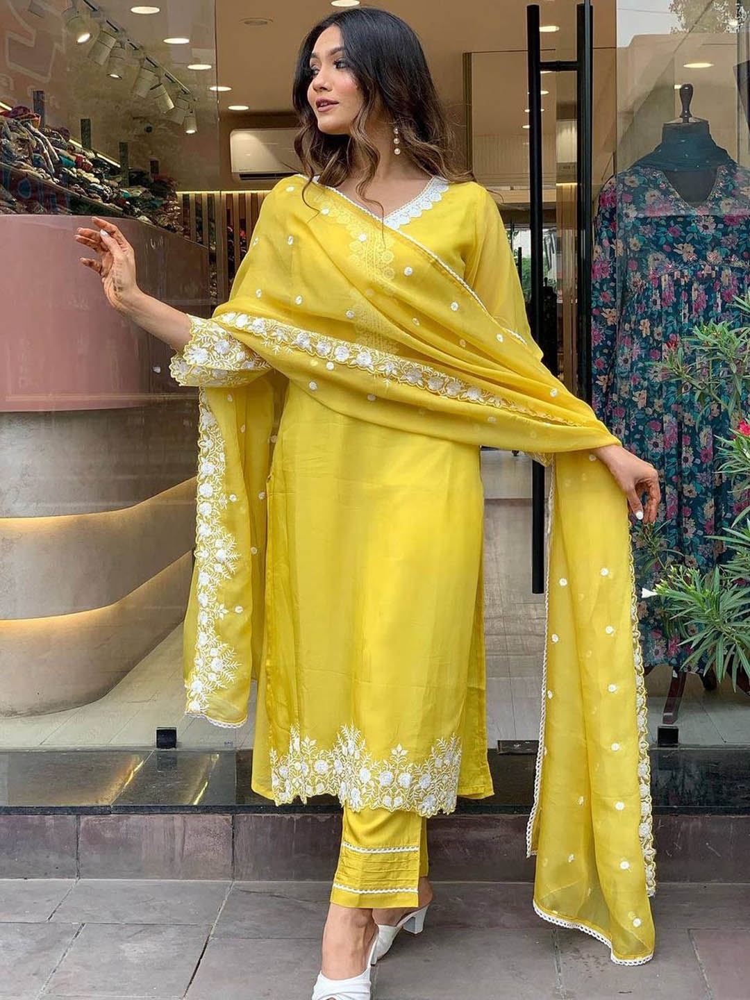 

NIZA FASHION Women Floral Embroidered Work Kurta with Trousers & With Dupatta, Yellow