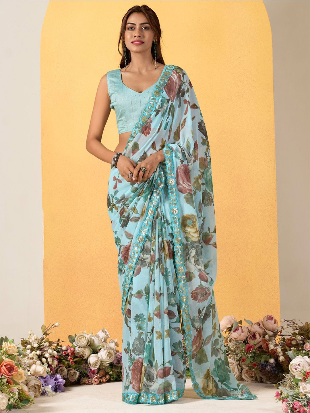 

Mitera Floral Sequinned Poly Georgette Saree, Blue