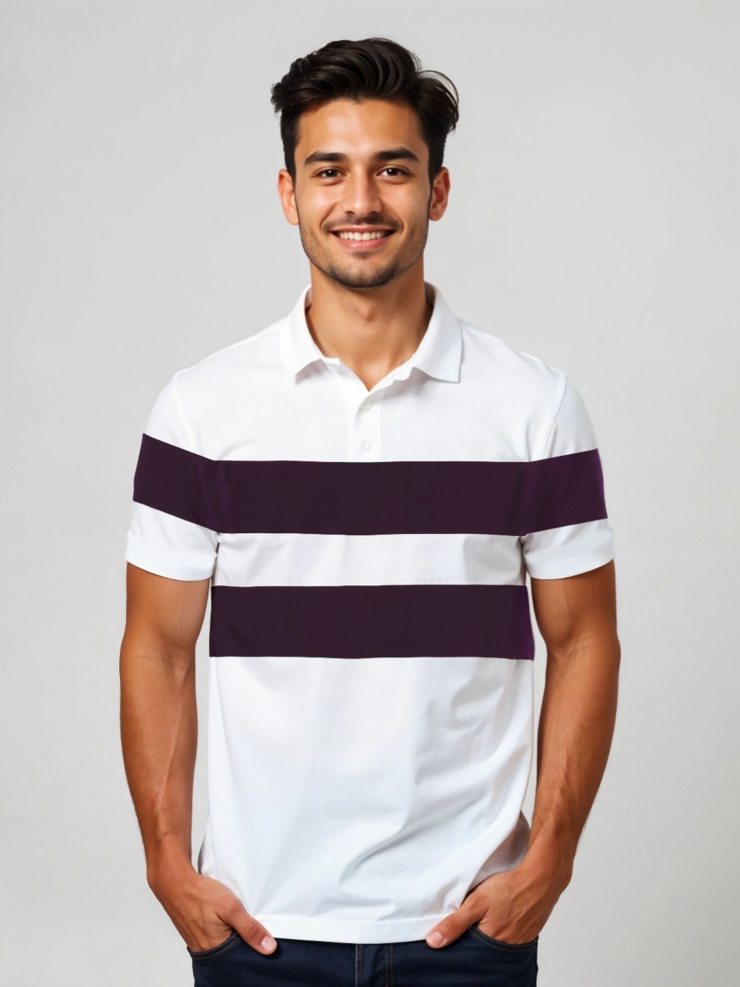 

SOBERSAINT Men Striped Polo Collar T-shirt, White