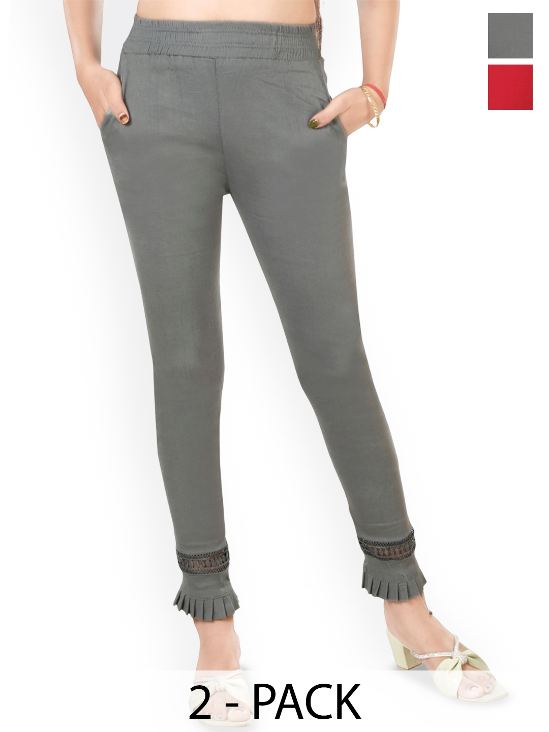 

Fessist Pack of 2 Women Relaxed Slim Fit Easy Wash Pleated Trousers, Multi