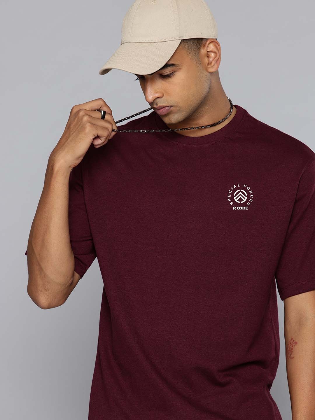 

R.Code by The Roadster Lifestyle Co. Men Solid Cotton Relaxed Fit T-shirt, Burgundy