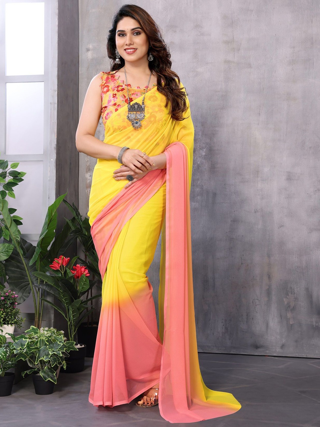 

Fashion FRICKS Ombre Poly Georgette Ready to Wear Saree, Yellow