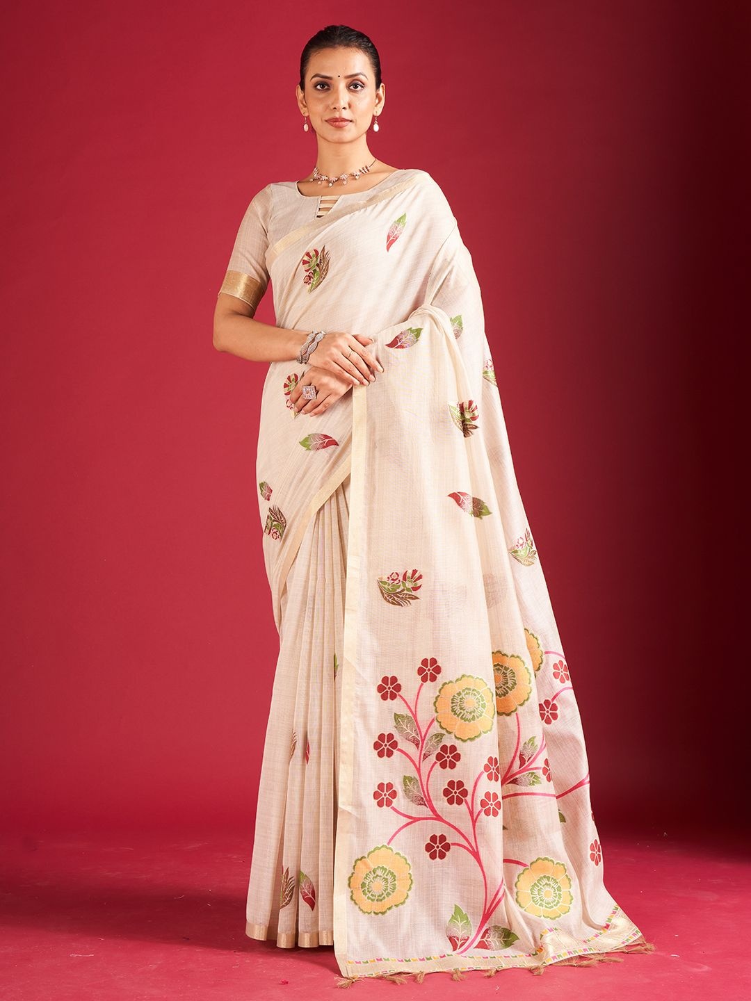 

SARHAFloral Zari Chanderi Saree, Cream