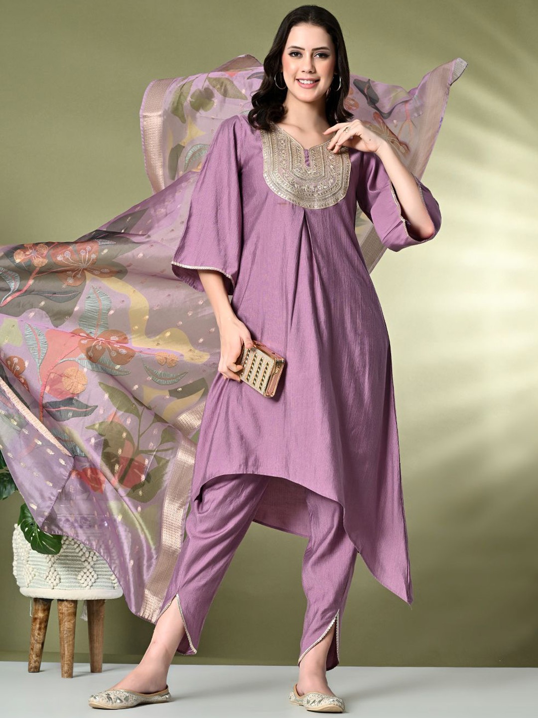 

KALINI Floral Yoke Design Bell Sleeves Asymmetric A-Line Kurta With Dhoti Pants & Dupatta, Lavender