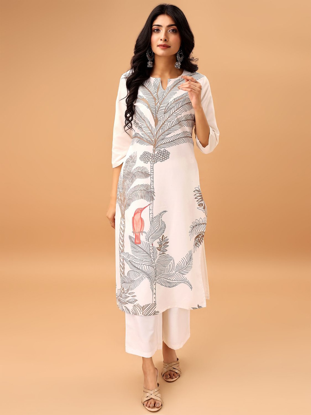 

SANTOPERA DESIGNER Floral Printed Notch Neck Straight Kurta With Trousers, White